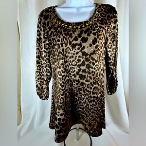 Notations three-quarter pleated sleeve leopard print pull on shirt brown